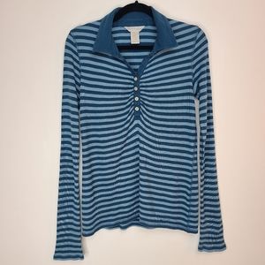 Horny Toad Long Sleeve Thermal Top Mid Button-Up Collar Stripes Blue Size Medium